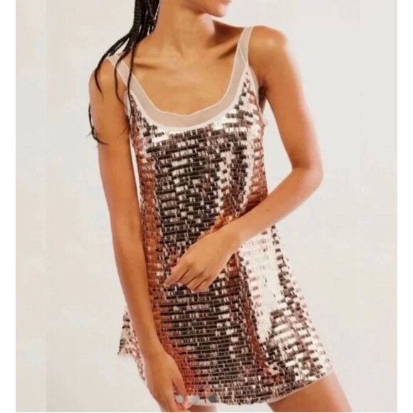 INTIMATELY FREE PEOPLE disco fever sequin mini dress in champagne size S - Picture 1 of 7